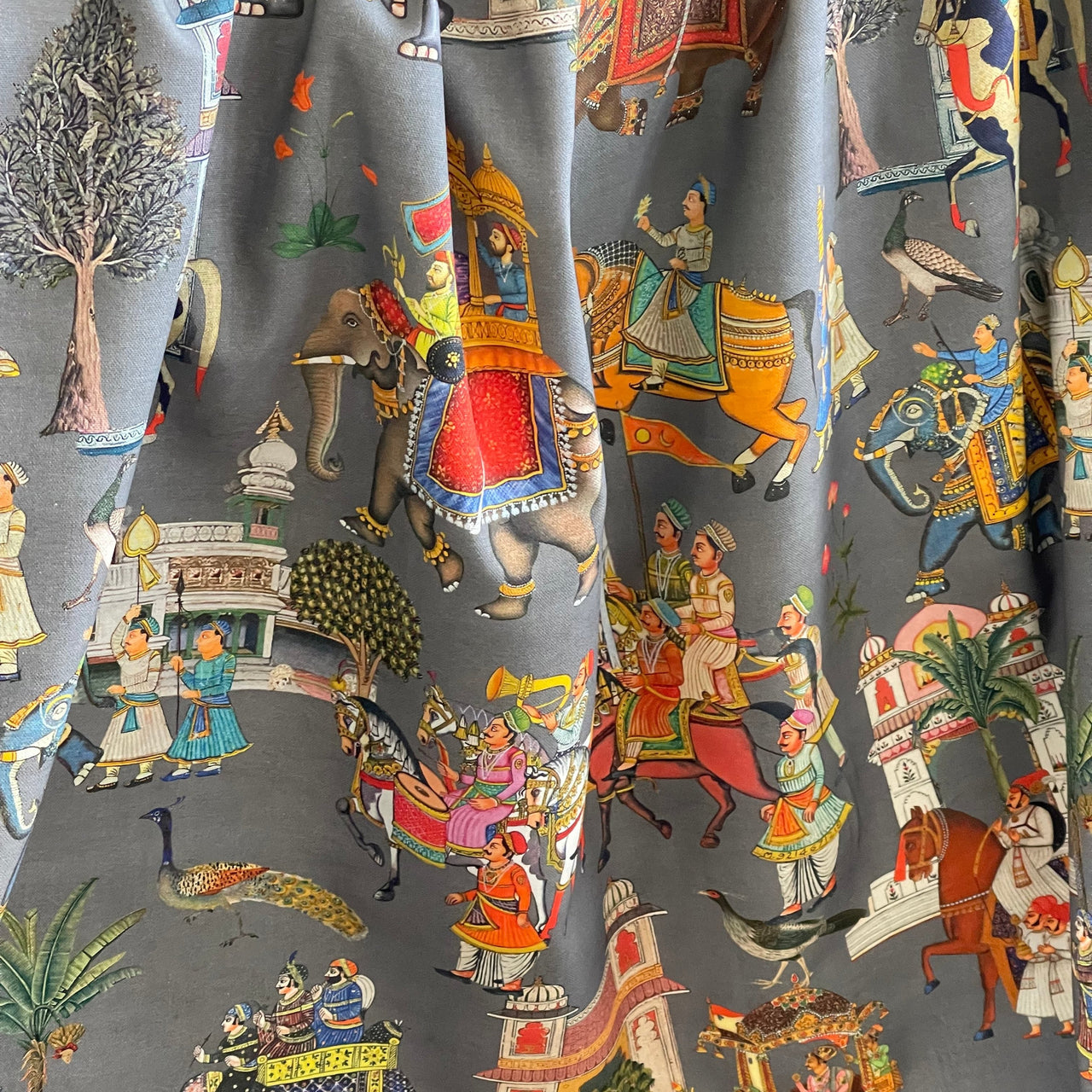 Grey Cotton Fabric with Elephants & Palms Trees - Maharaja Inspired Pattern Palatial Jaipur Dreams