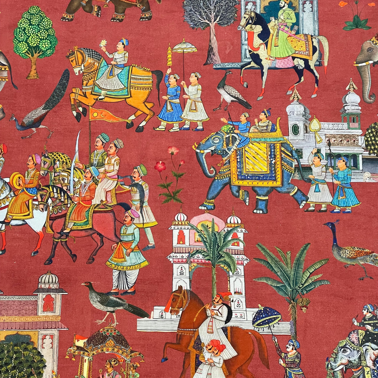 Rusty Red Cotton Fabric with Elephants & Palms Trees - Maharaja Inspired Pattern Jaipur Dreams