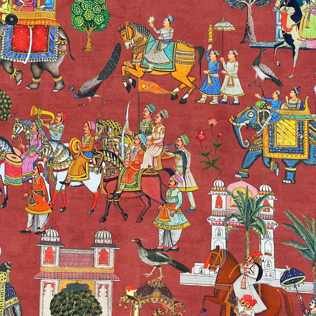 Rusty Red Cotton Fabric with Elephants & Palms Trees - Maharaja Inspired Pattern Jaipur Dreams