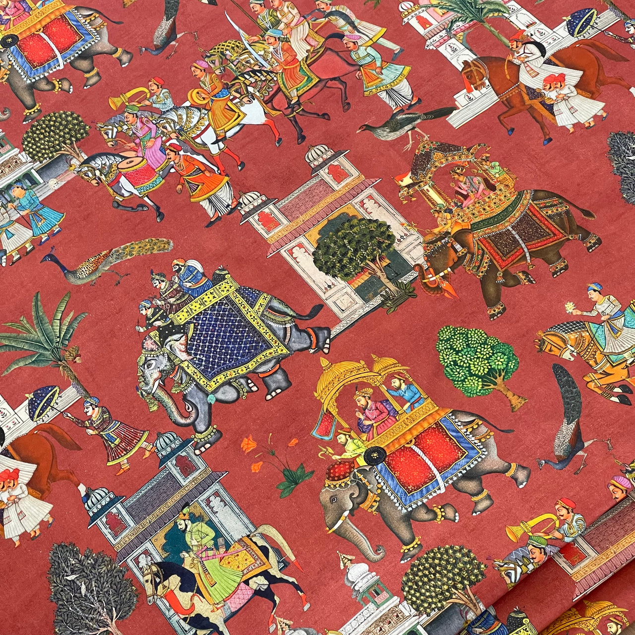 Rusty Red Cotton Fabric with Elephants & Palms Trees - Maharaja Inspired Pattern Jaipur Dreams