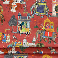 Thumbnail for Rusty Red Cotton Fabric with Elephants & Palms Trees - Maharaja Inspired Pattern Jaipur Dreams