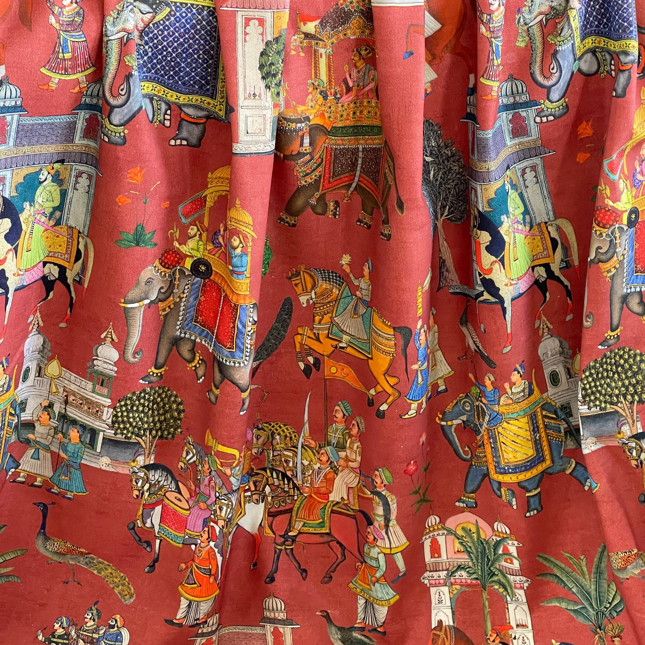 Rusty Red Cotton Fabric with Elephants & Palms Trees - Maharaja Inspired Pattern Jaipur Dreams