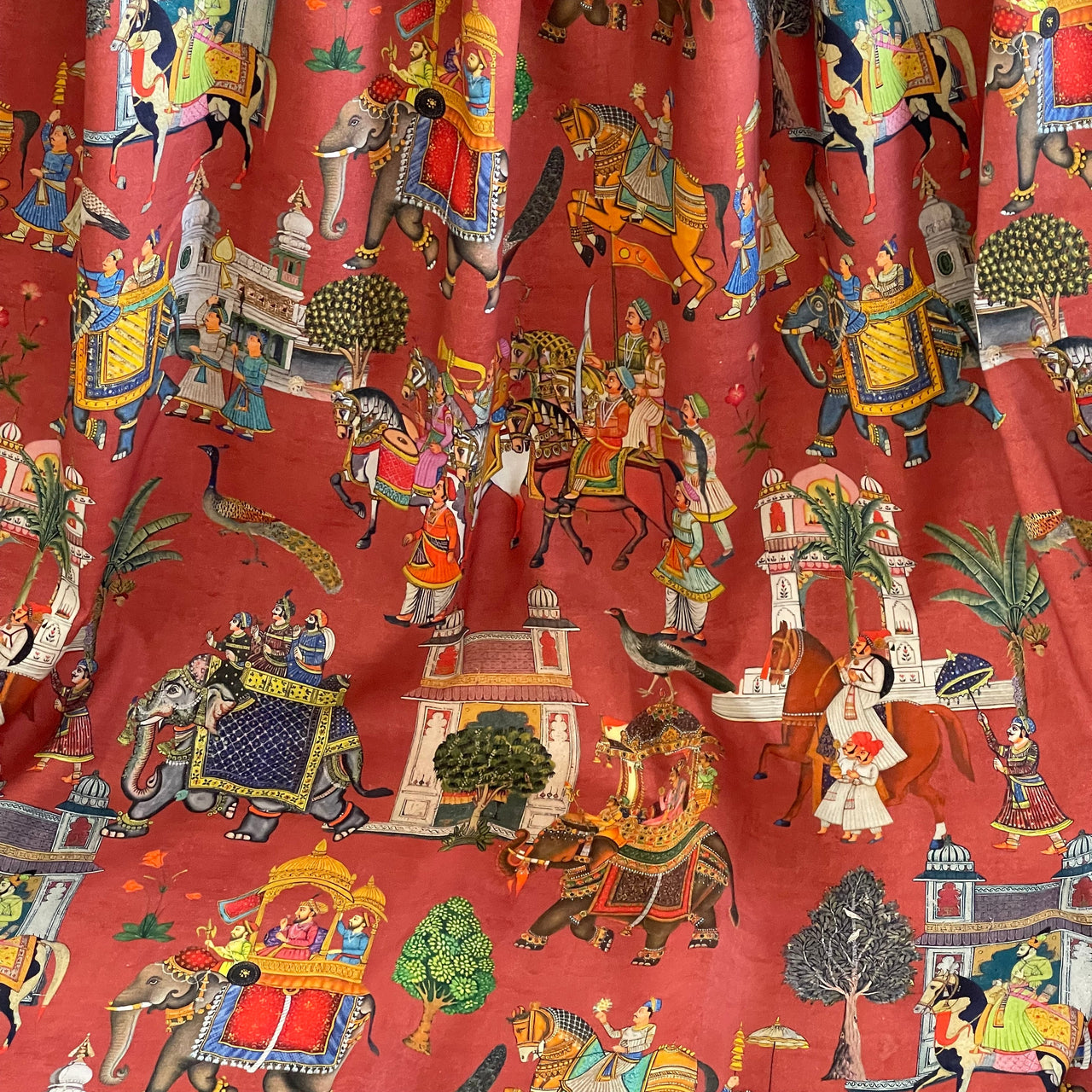 Rusty Red Cotton Fabric with Elephants & Palms Trees - Maharaja Inspired Pattern Jaipur Dreams