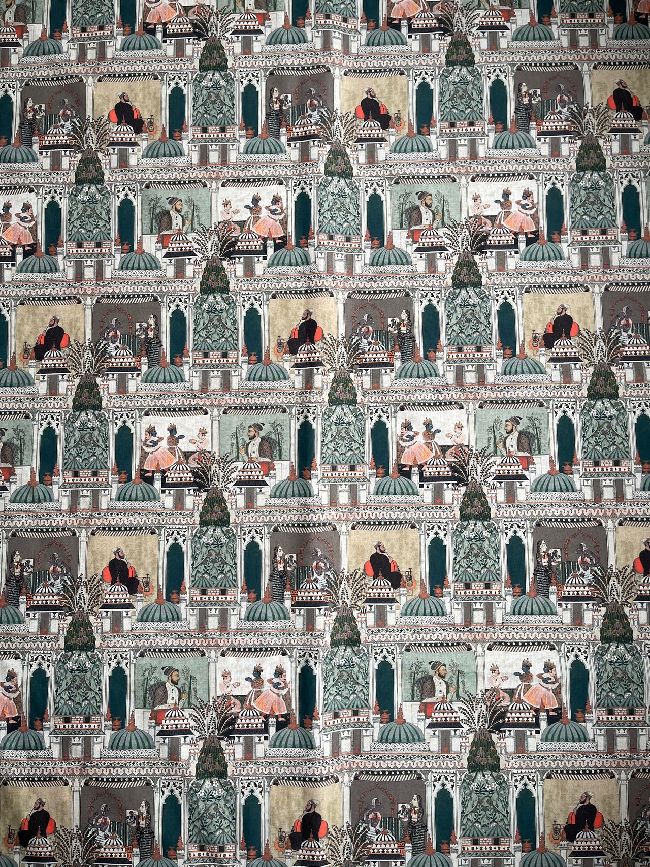 Raj Mahal Fabric - Organic Cotton with Indian Gods, Pagodas and Floral Motifs for Home Décor