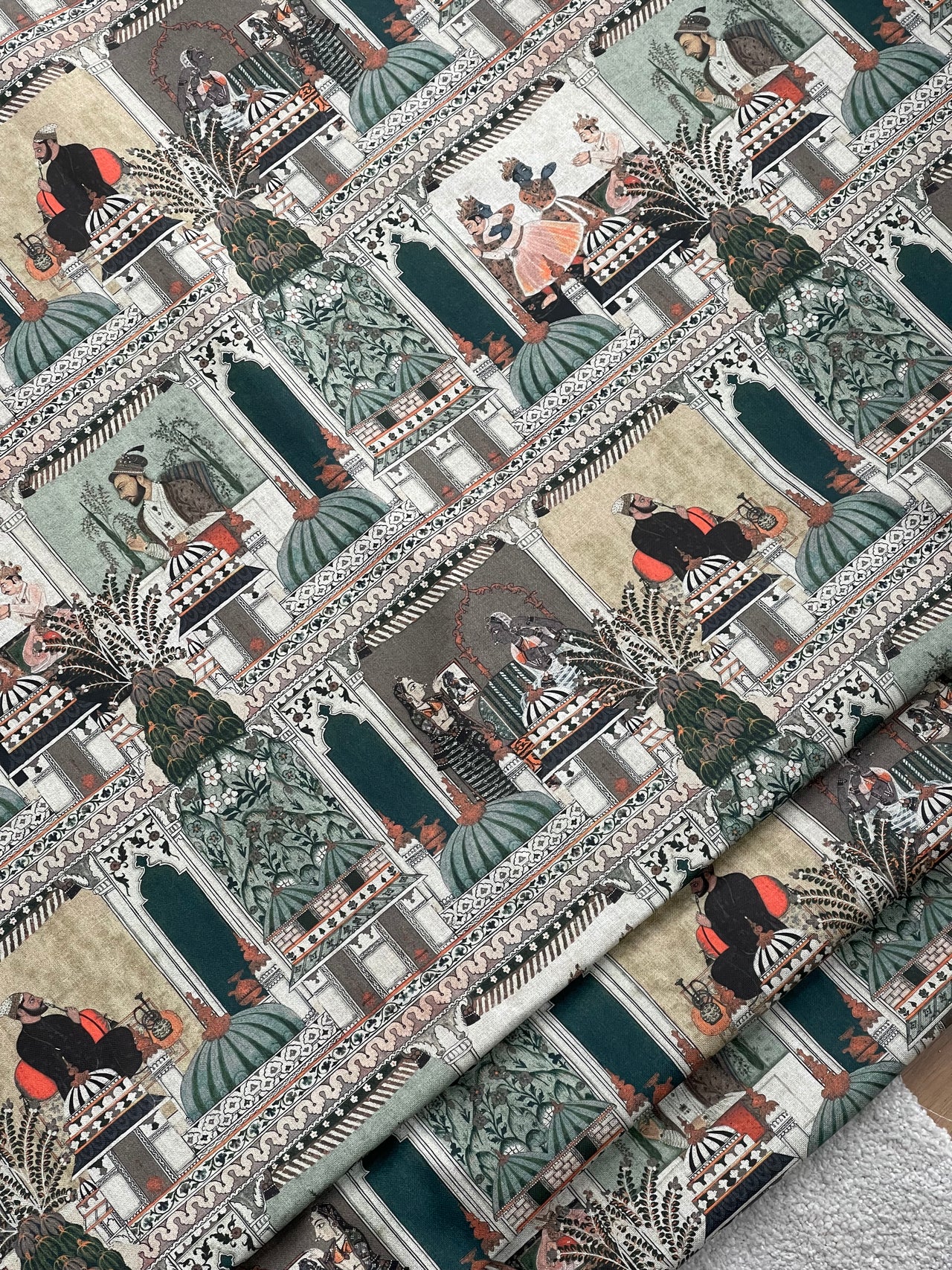 Raj Mahal Fabric - Organic Cotton with Indian Gods, Pagodas and Floral Motifs for Home Décor