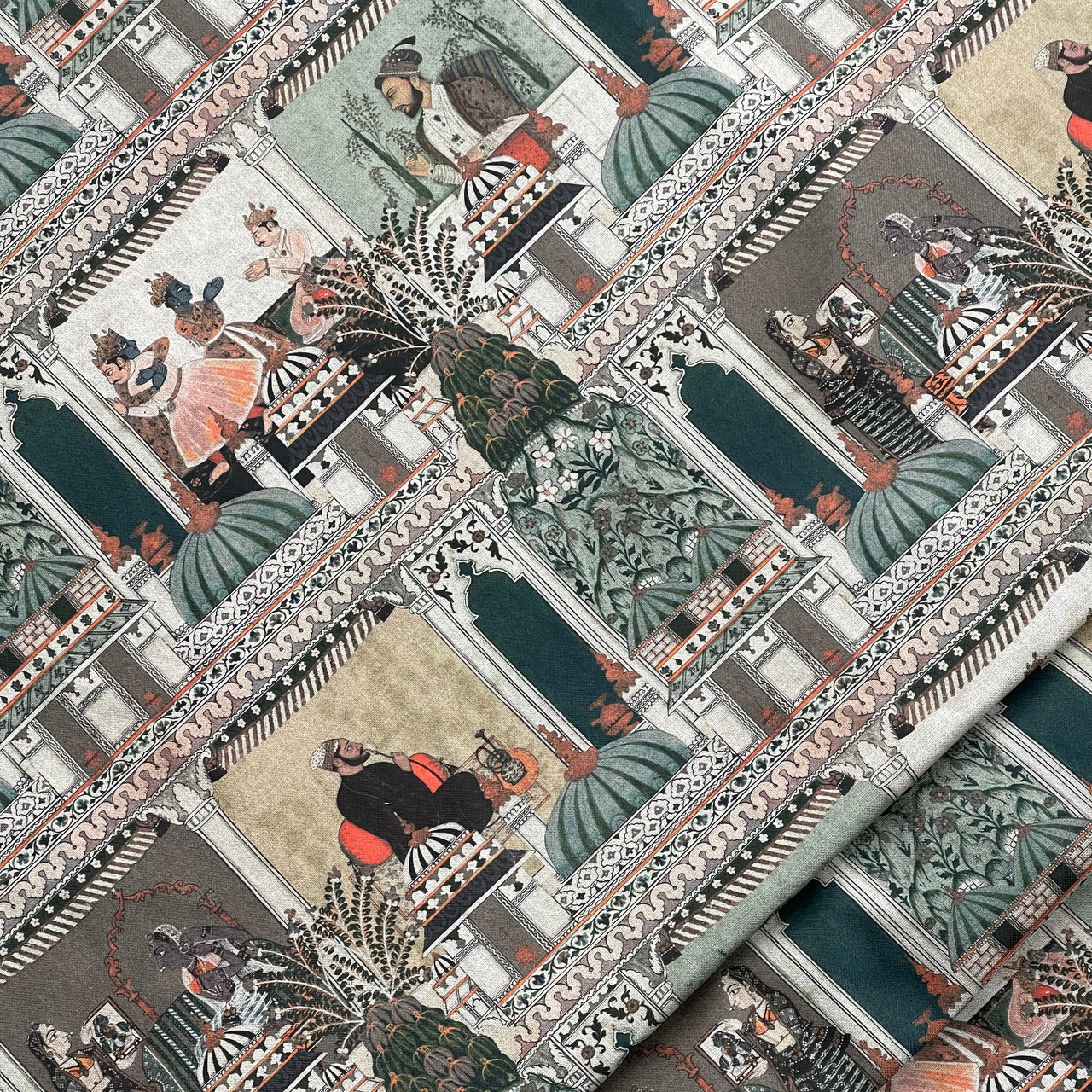 Raj Mahal Fabric - Organic Cotton with Indian Gods, Pagodas and Floral Motifs for Home Décor