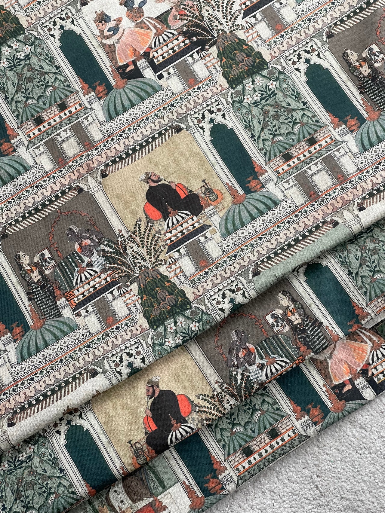 Raj Mahal Fabric - Organic Cotton with Indian Gods, Pagodas and Floral Motifs for Home Décor