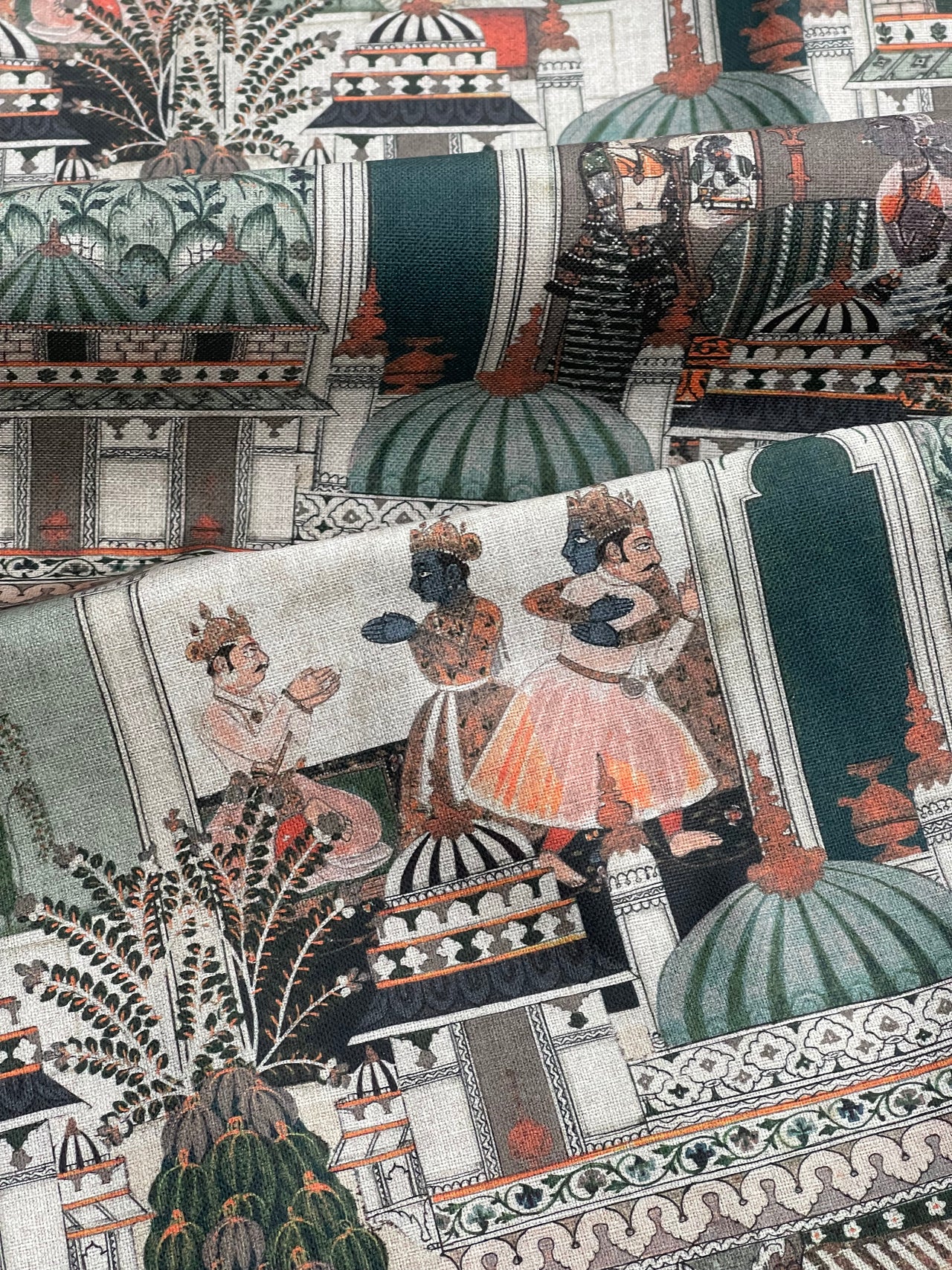 Raj Mahal Fabric - Organic Cotton with Indian Gods, Pagodas and Floral Motifs for Home Décor