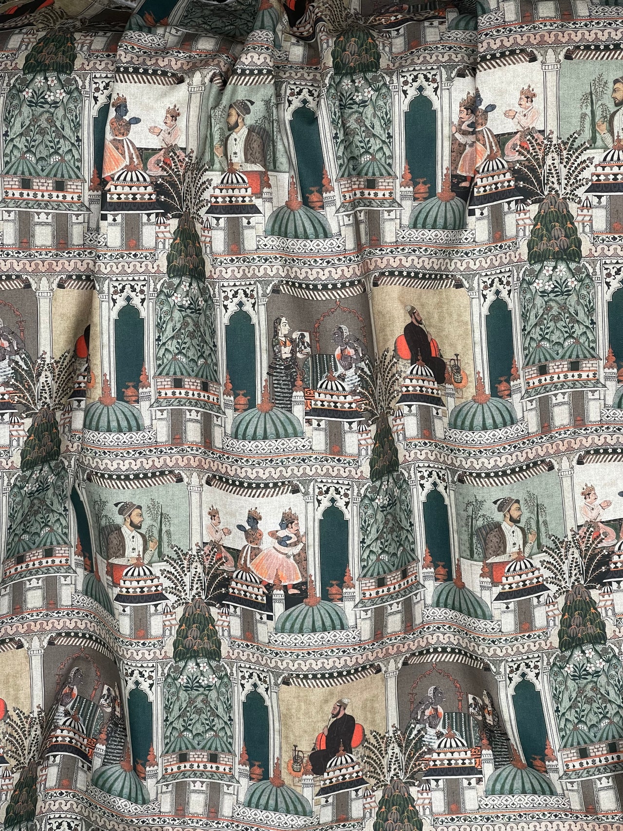 Raj Mahal Fabric - Organic Cotton with Indian Gods, Pagodas and Floral Motifs for Home Décor