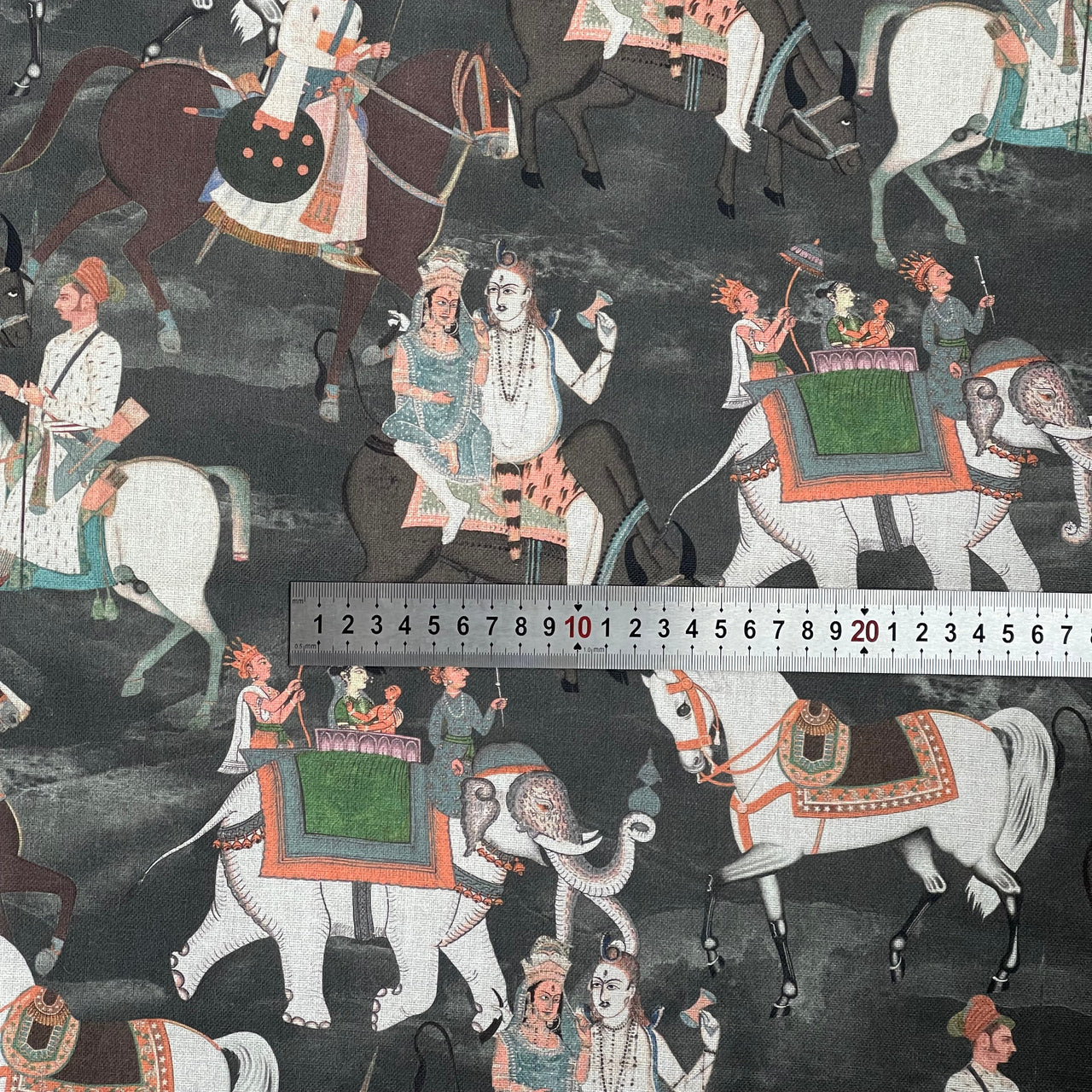 Charcoal Grey Cotton Fabric with Indian Motif Caravans Horses, Bulls, Elephants  – Perfect for Upholstery and Home Decor