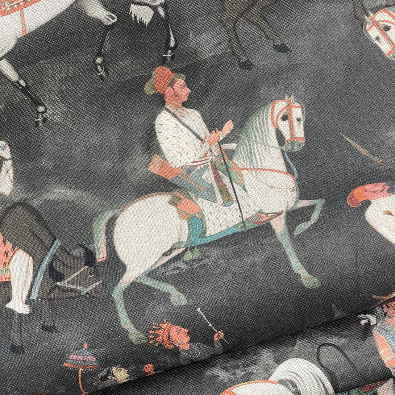 Charcoal Grey Cotton Fabric with Indian Motif Caravans Horses, Bulls, Elephants  – Perfect for Upholstery and Home Decor