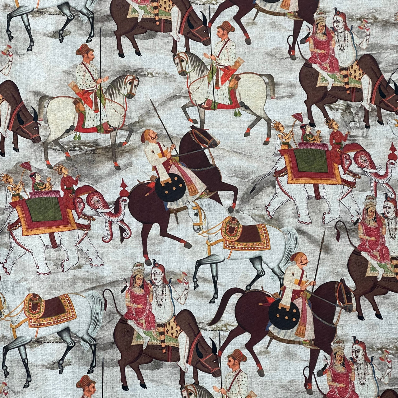 Beige Cotton Fabric with Indian Motif Caravans Horses, Bulls, Elephants  – Perfect for Upholstery and Home Decor