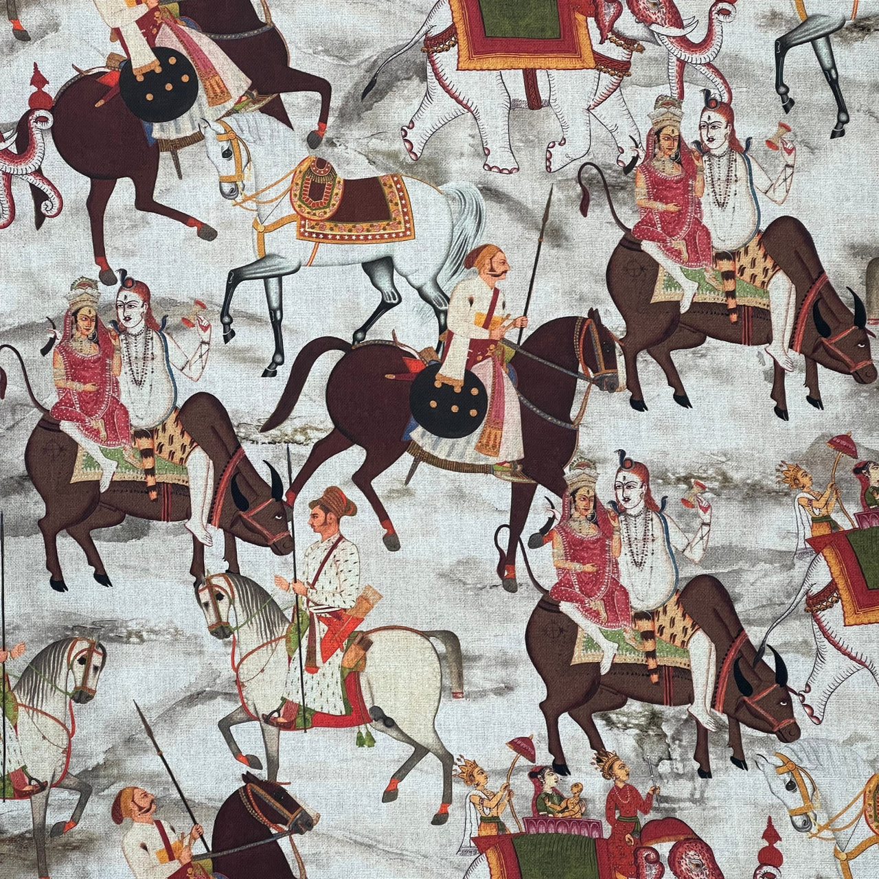 Beige Cotton Fabric with Indian Motif Caravans Horses, Bulls, Elephants  – Perfect for Upholstery and Home Decor