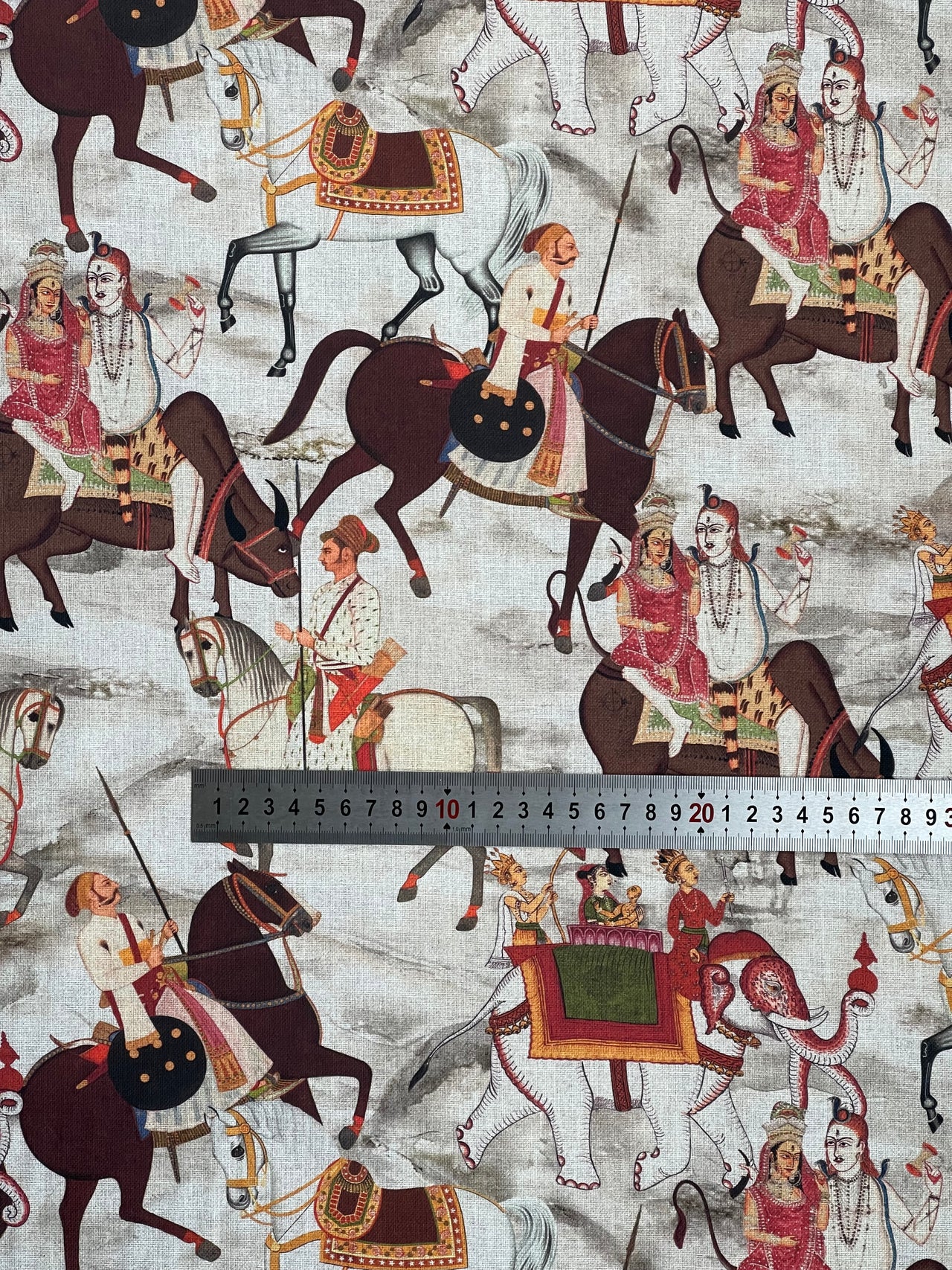 Beige Cotton Fabric with Indian Motif Caravans Horses, Bulls, Elephants  – Perfect for Upholstery and Home Decor