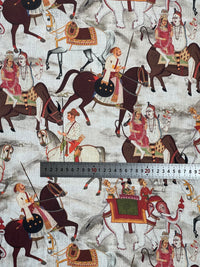 Thumbnail for Beige Cotton Fabric with Indian Motif Caravans Horses, Bulls, Elephants  – Perfect for Upholstery and Home Decor