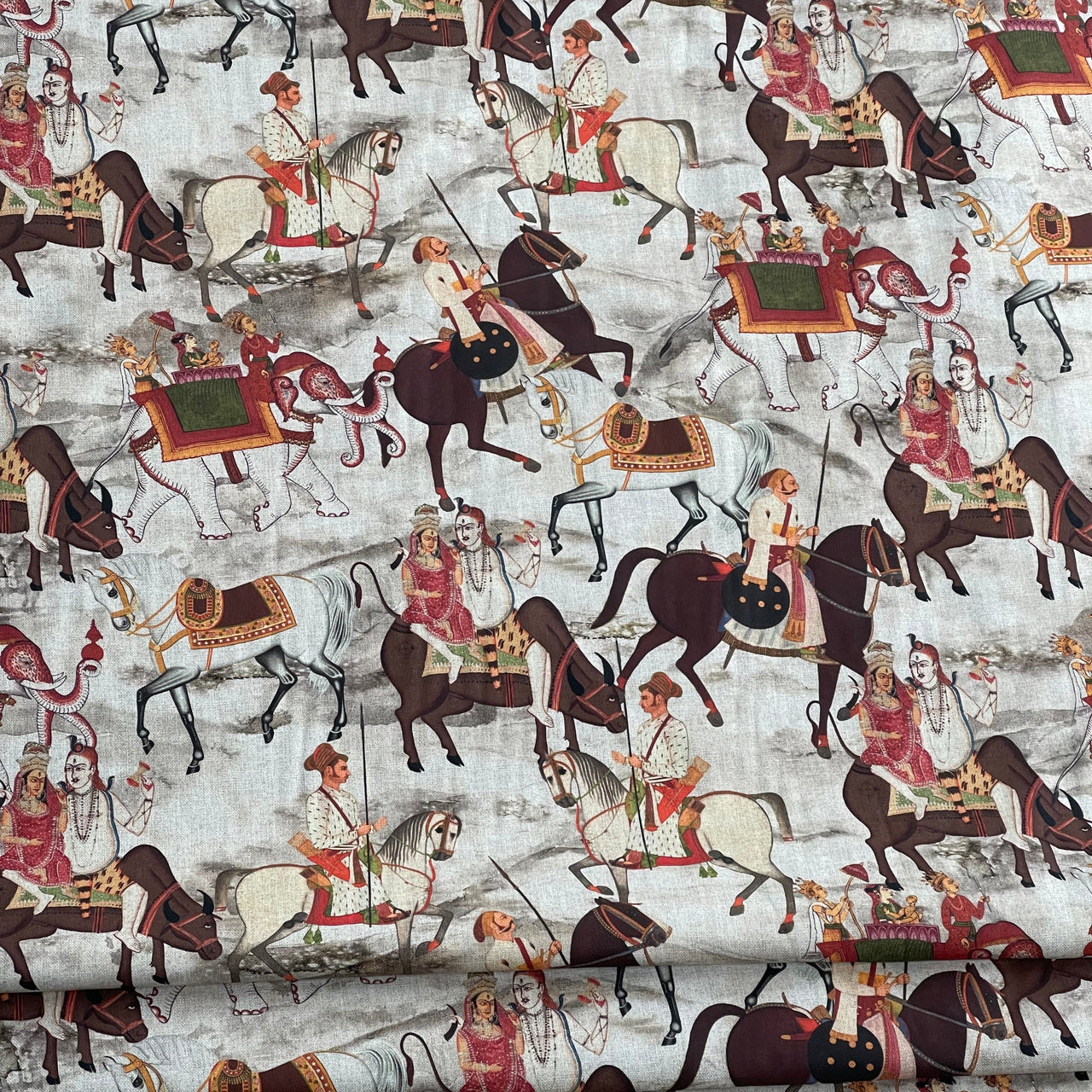 Beige Cotton Fabric with Indian Motif Caravans Horses, Bulls, Elephants  – Perfect for Upholstery and Home Decor