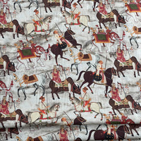 Thumbnail for Beige Cotton Fabric with Indian Motif Caravans Horses, Bulls, Elephants  – Perfect for Upholstery and Home Decor