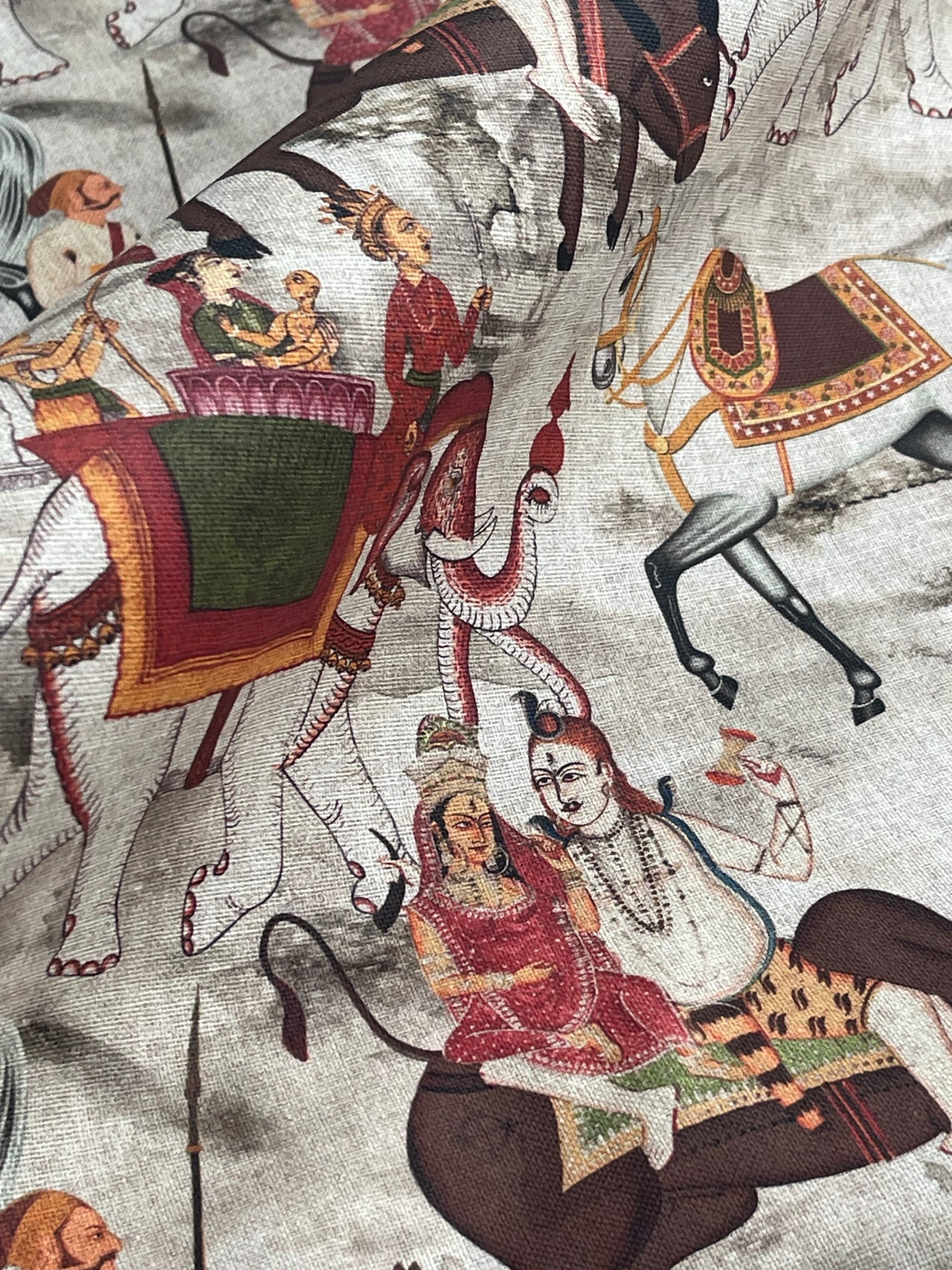 Beige Cotton Fabric with Indian Motif Caravans Horses, Bulls, Elephants  – Perfect for Upholstery and Home Decor