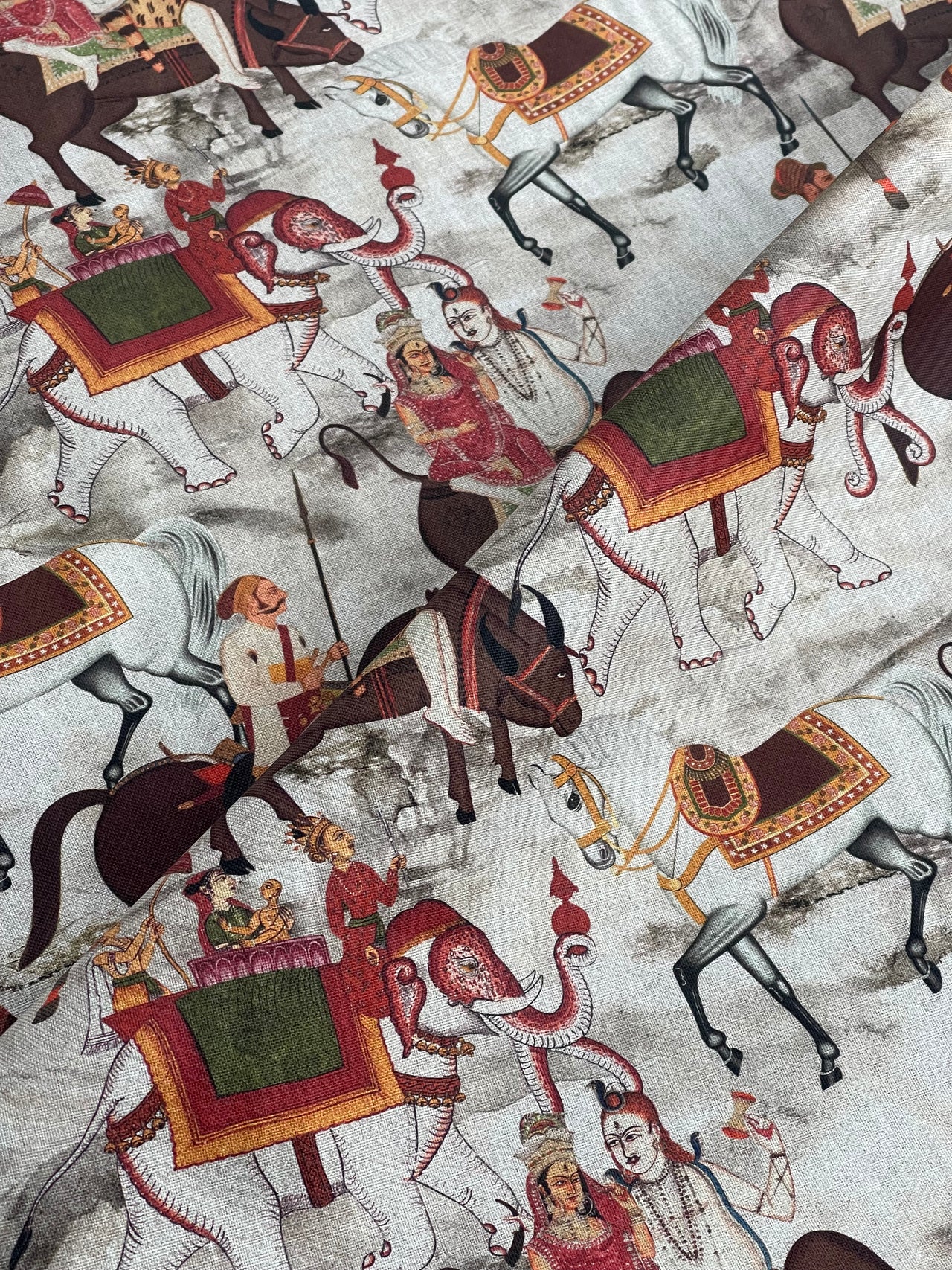 Beige Cotton Fabric with Indian Motif Caravans Horses, Bulls, Elephants  – Perfect for Upholstery and Home Decor