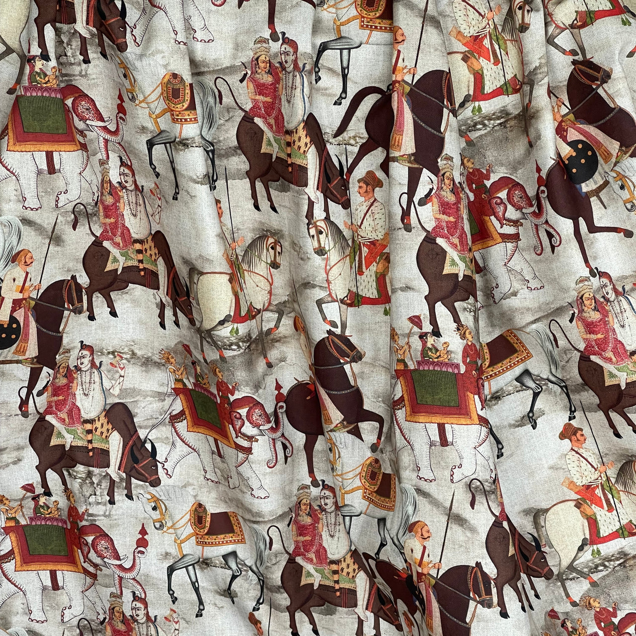 Beige Cotton Fabric with Indian Motif Caravans Horses, Bulls, Elephants  – Perfect for Upholstery and Home Decor