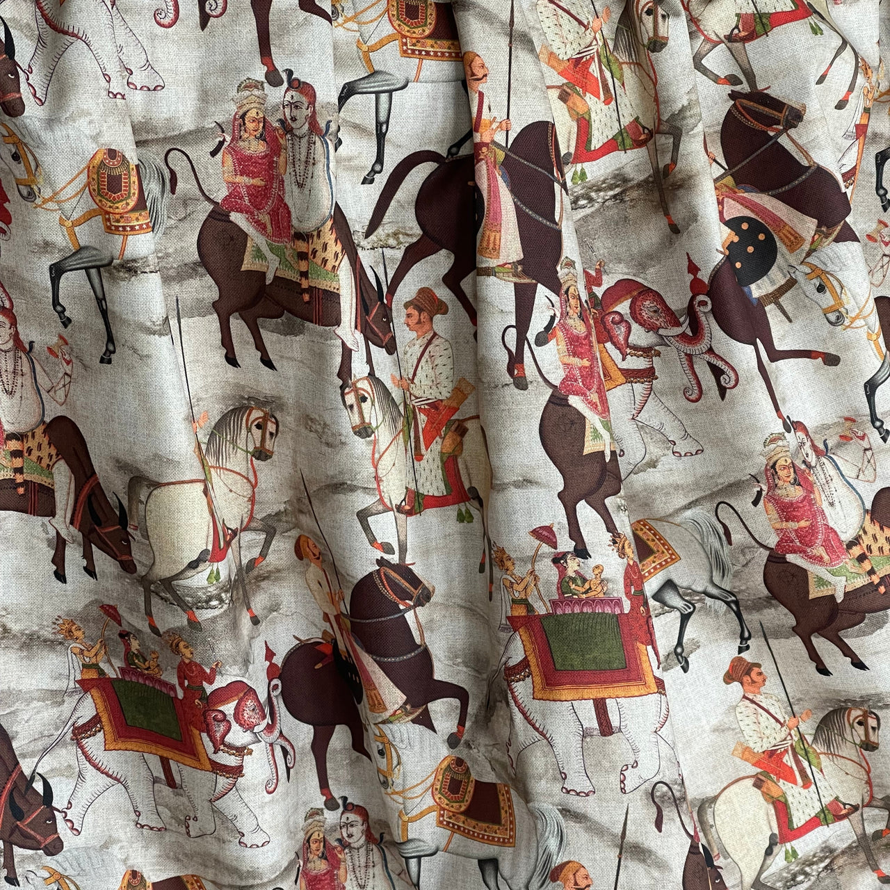 Beige Cotton Fabric with Indian Motif Caravans Horses, Bulls, Elephants  – Perfect for Upholstery and Home Decor