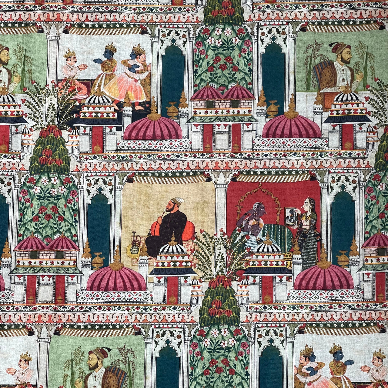 Raj Mahal Tapestry Fabric - Organic Cotton, Emerald with Indian Gods, Pagodas & Floral Motifs for Home Décor