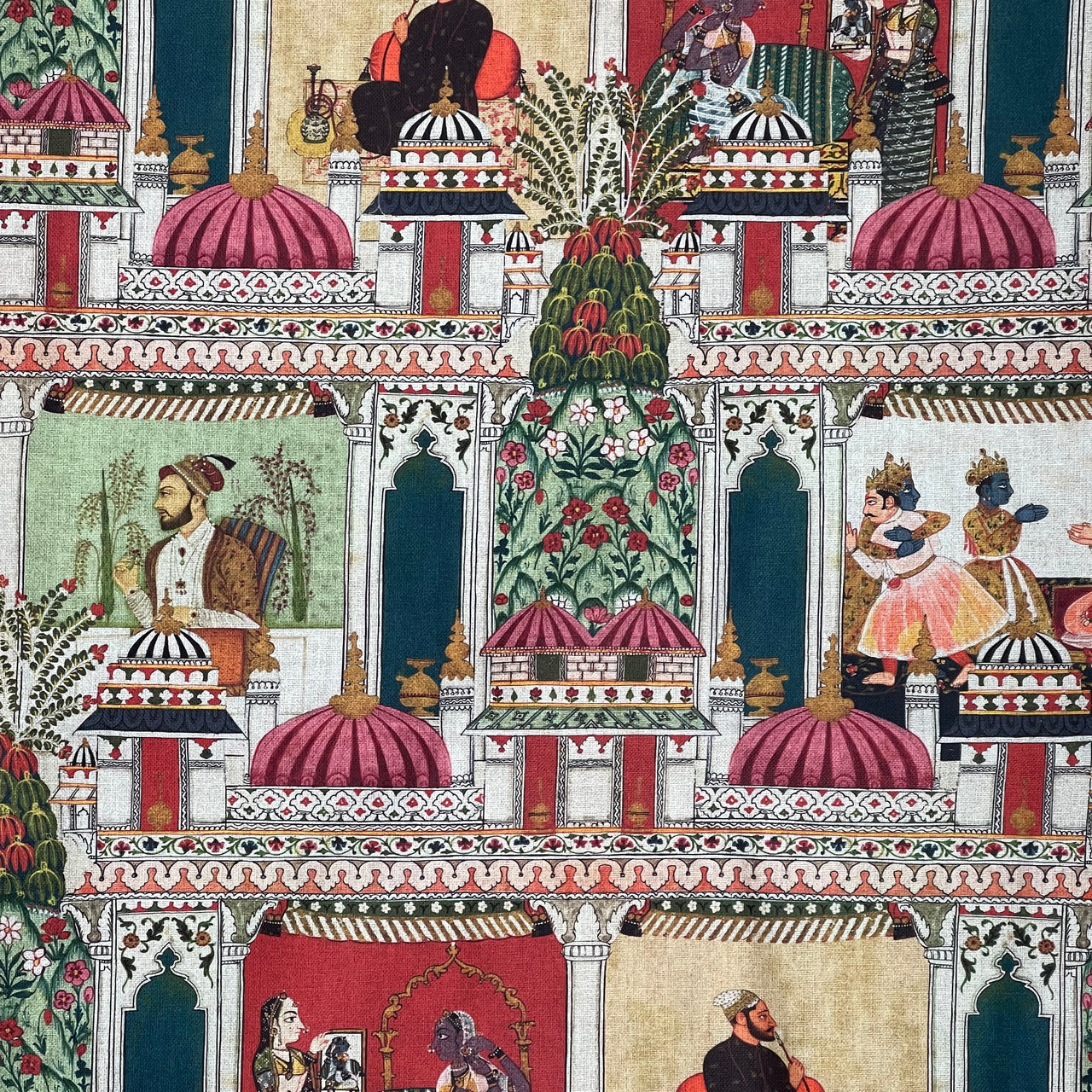 Raj Mahal Fabric - Organic Cotton, Emerald with Indian Gods, Pagodas & Floral Motifs for Home Décor