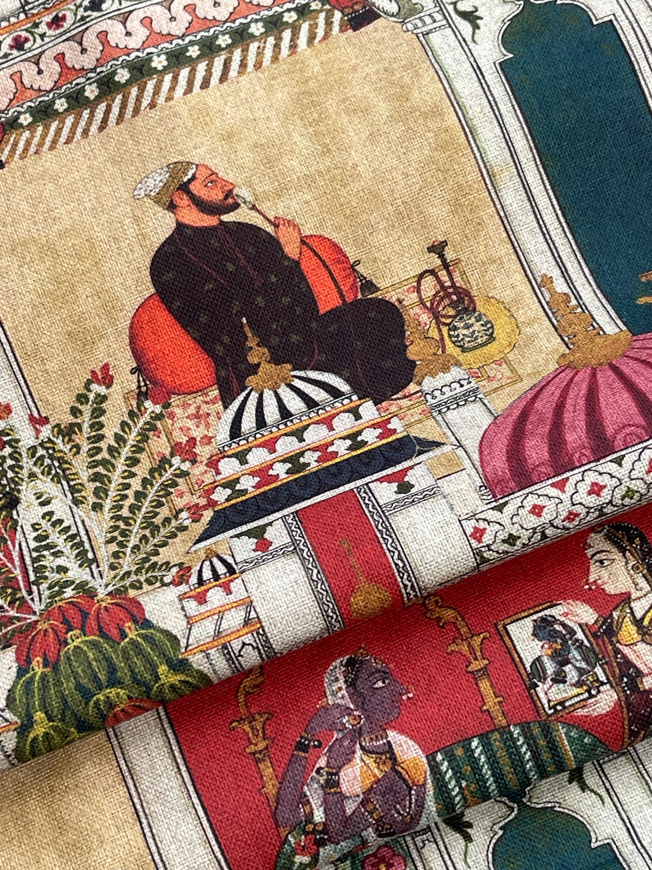 Raj Mahal Fabric - Organic Cotton, Emerald with Indian Gods, Pagodas & Floral Motifs for Home Décor