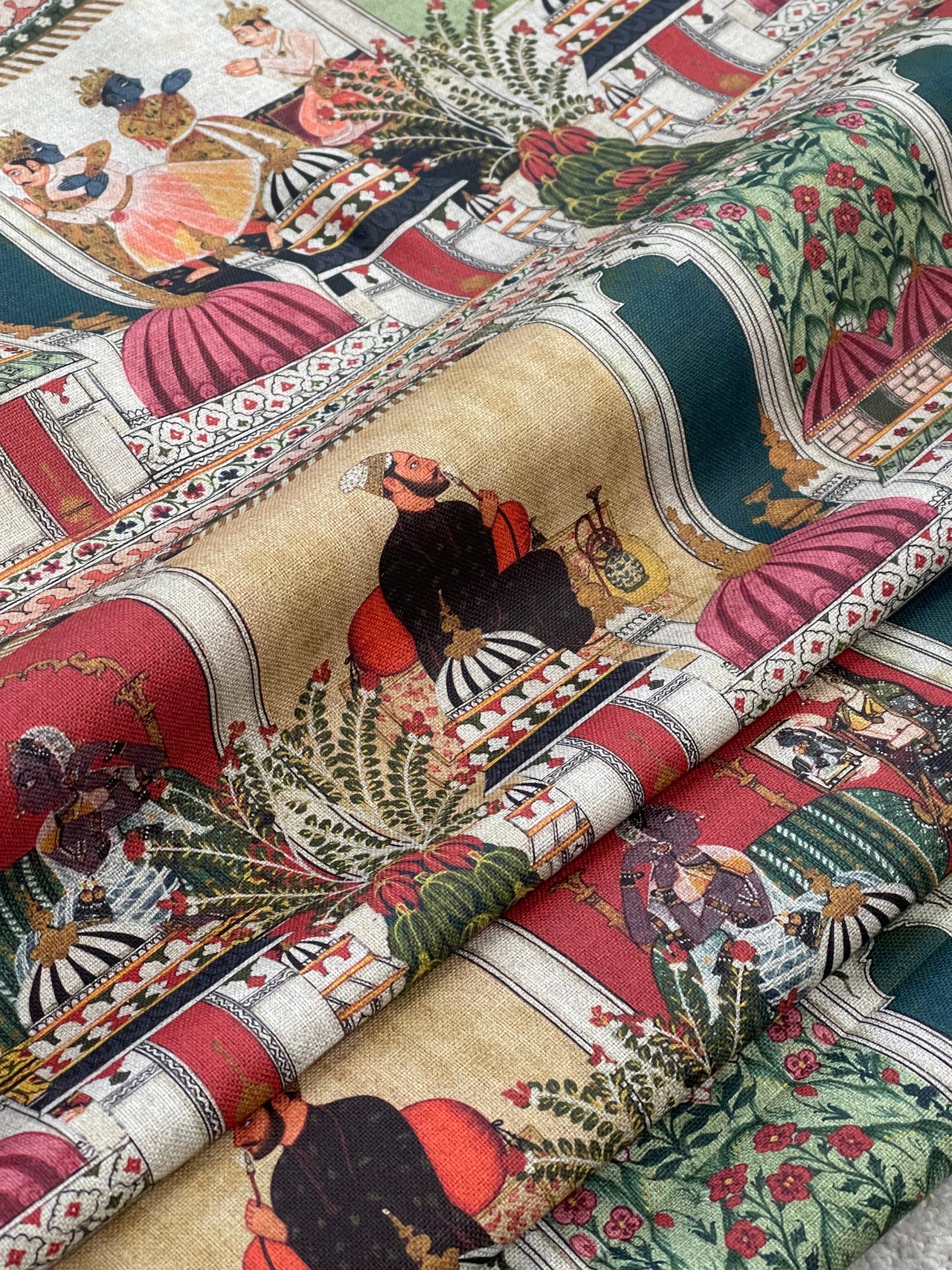 Raj Mahal Tapestry Fabric - Organic Cotton, Emerald with Indian Gods, Pagodas & Floral Motifs for Home Décor