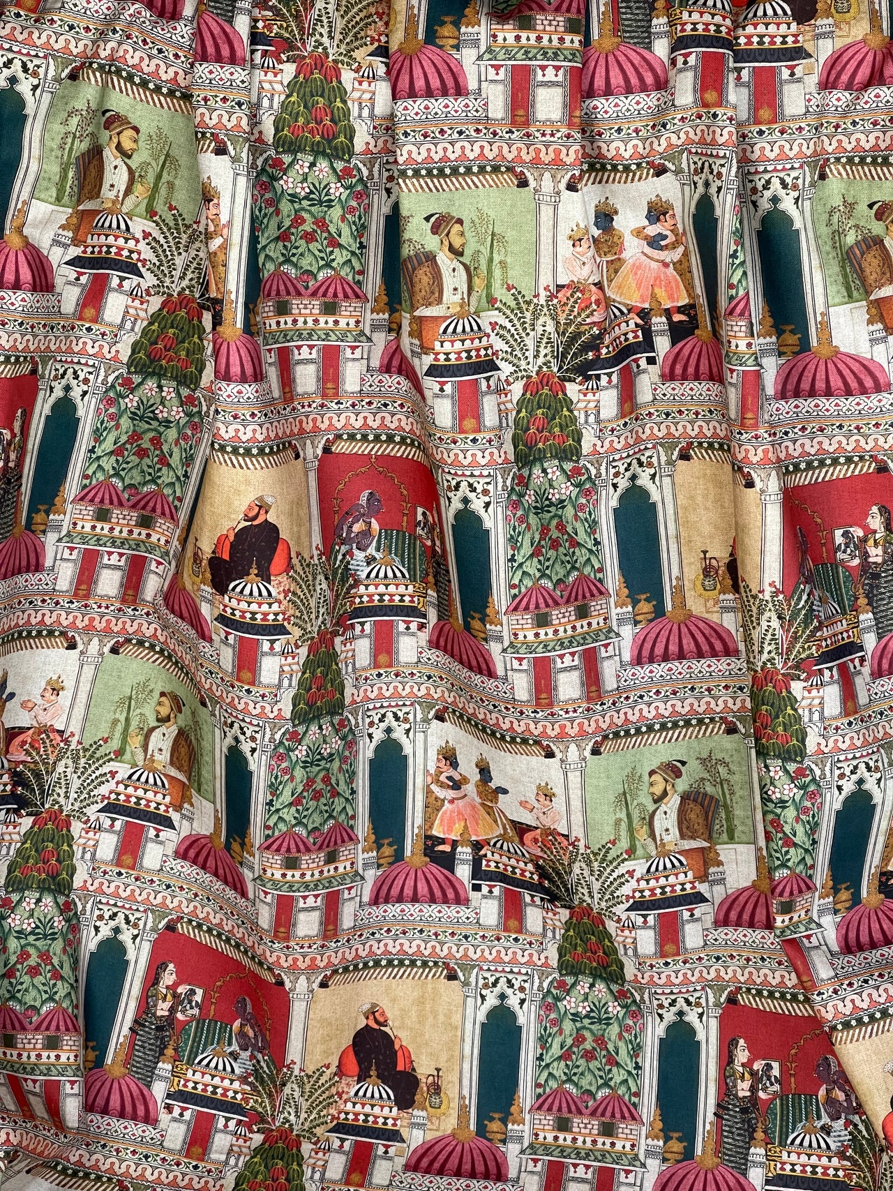 Raj Mahal Fabric - Organic Cotton, Emerald with Indian Gods, Pagodas & Floral Motifs for Home Décor