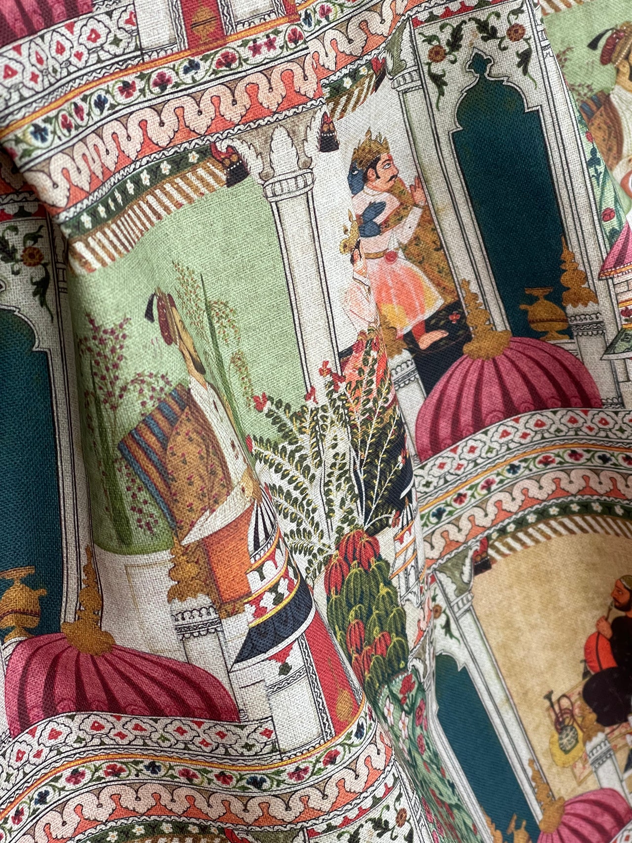 Raj Mahal Fabric - Organic Cotton, Emerald with Indian Gods, Pagodas & Floral Motifs for Home Décor