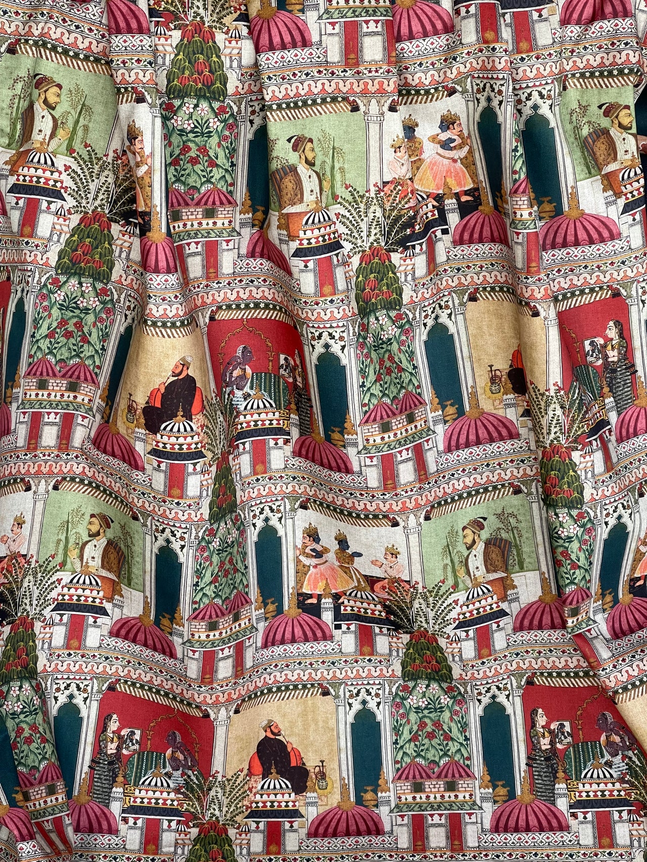 Raj Mahal Fabric - Organic Cotton, Emerald with Indian Gods, Pagodas & Floral Motifs for Home Décor