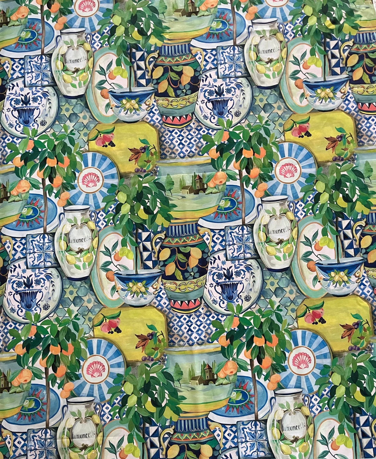 Mediterranean Citrus Garden Fabric – Organic Cotton with Lemon and Mandarin Tree Botanical Print