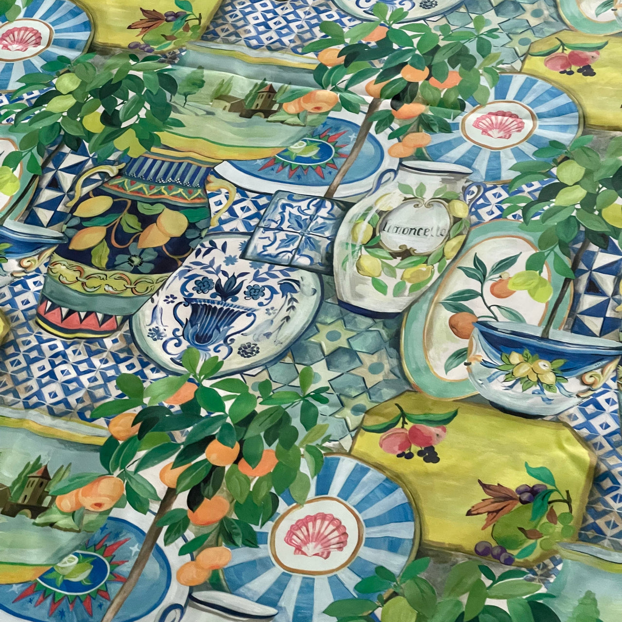 Mediterranean Citrus Garden Fabric – Organic Cotton with Lemon and Mandarin Tree Botanical Print