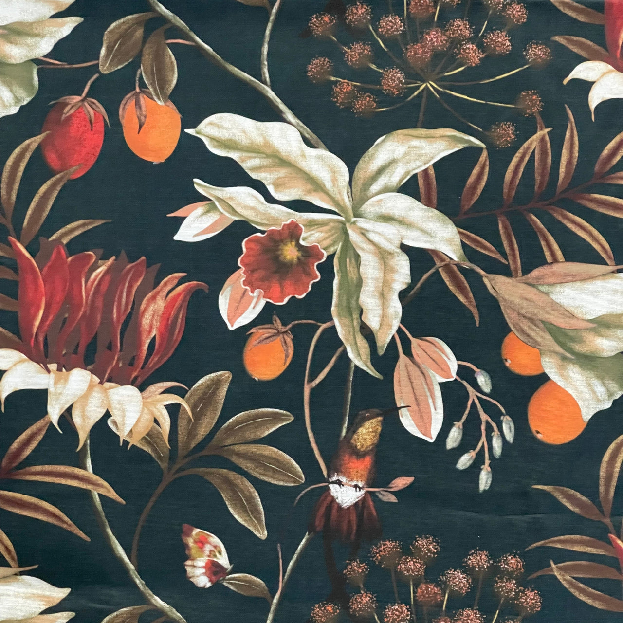 Midnight Garden: Hummingbirds and Blooms on Black Cotton Fabric for Home Decor