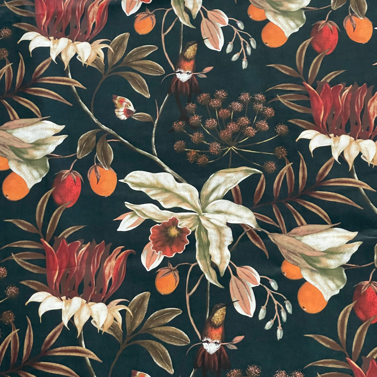 Midnight Garden: Hummingbirds and Blooms on Black Cotton Fabric for Home Decor