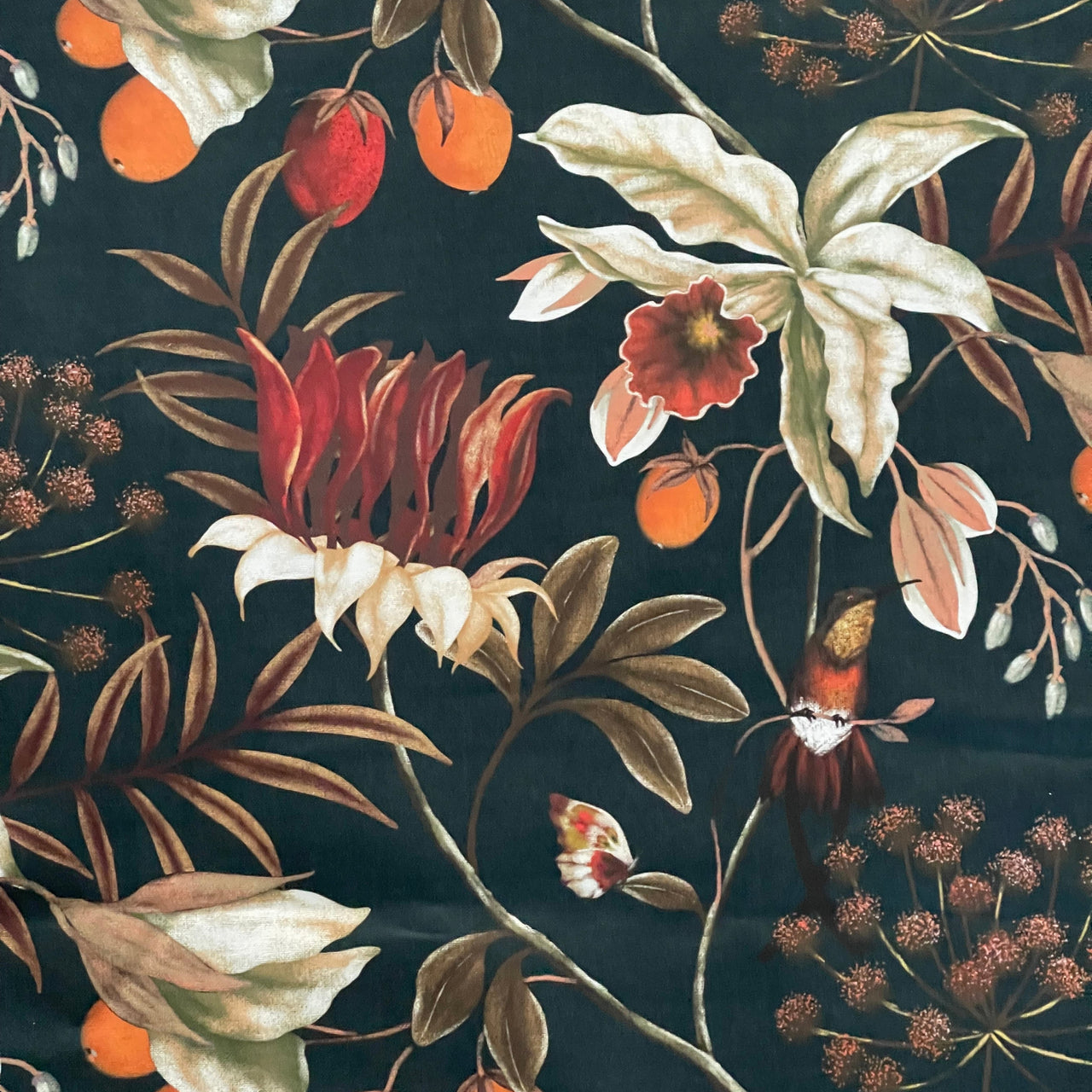 Midnight Garden: Hummingbirds and Blooms on Black Cotton Fabric for Home Decor