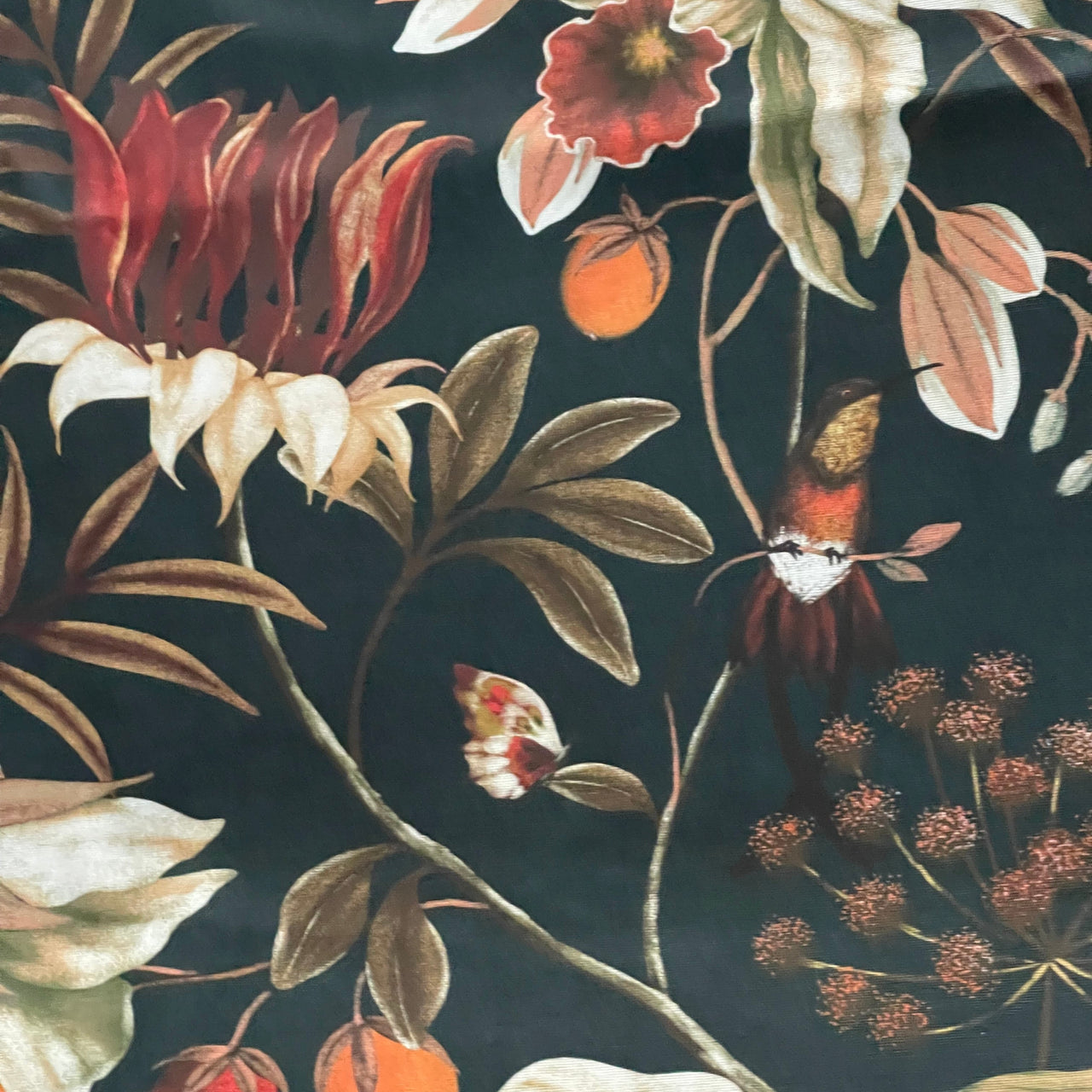 Midnight Garden: Hummingbirds and Blooms on Black Cotton Fabric for Home Decor