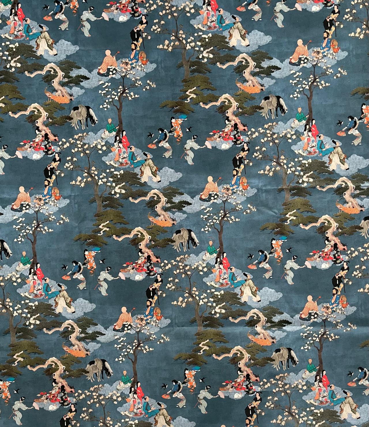 Cherry Blossom Geisha and Samurai Fabric - Japanese Blue Cotton for Oriental Home Decor