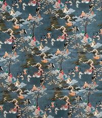 Thumbnail for Cherry Blossom Geisha and Samurai Fabric - Japanese Blue Cotton for Oriental Home Decor