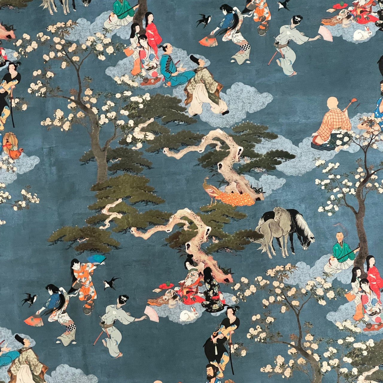 Cherry Blossom Geisha and Samurai Fabric - Japanese Blue Cotton for Oriental Home Decor