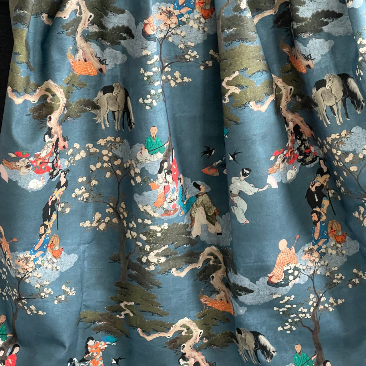 Cherry Blossom Geisha and Samurai Fabric - Japanese Blue Cotton for Oriental Home Decor