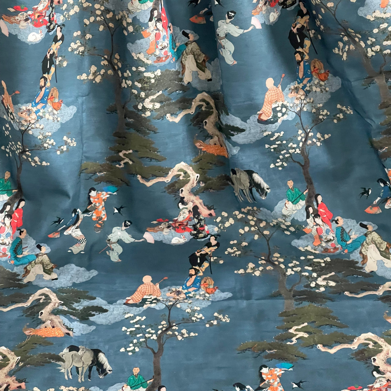 Cherry Blossom Geisha and Samurai Fabric - Japanese Blue Cotton for Oriental Home Decor