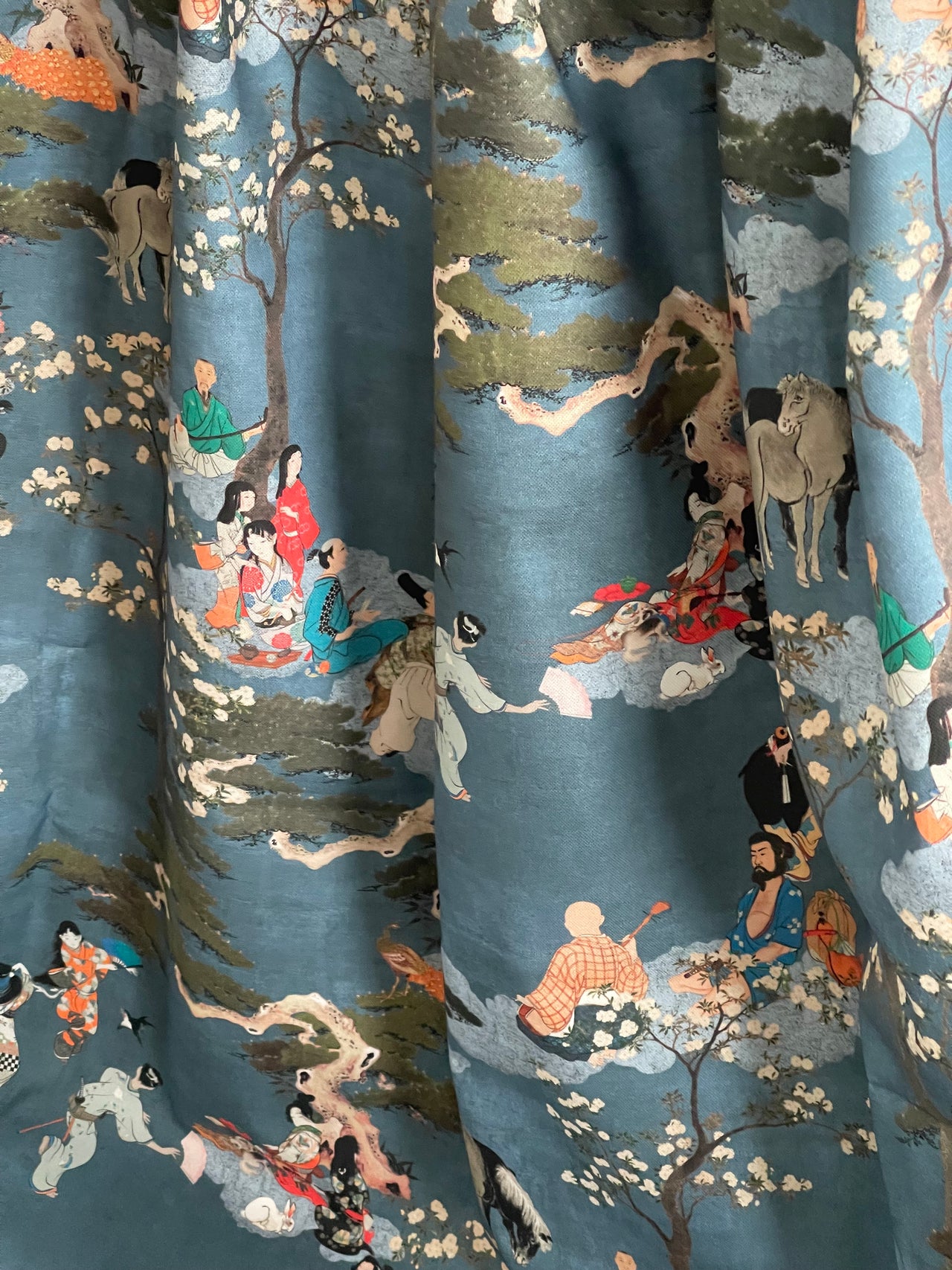 Cherry Blossom Geisha and Samurai Fabric - Japanese Blue Cotton for Oriental Home Decor