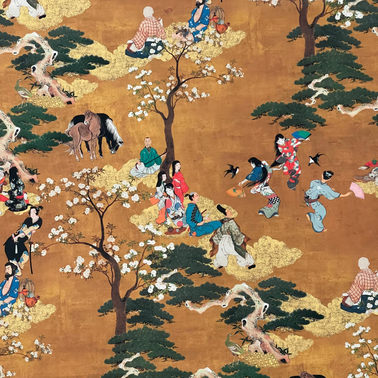 Cherry Blossom Geisha and Samurai Fabric - Japanese  Golden Yellow Cotton for Oriental Home Decor