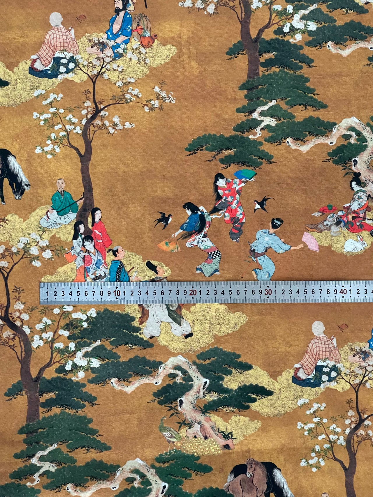 Cherry Blossom Geisha and Samurai Fabric - Japanese  Golden Yellow Cotton for Oriental Home Decor