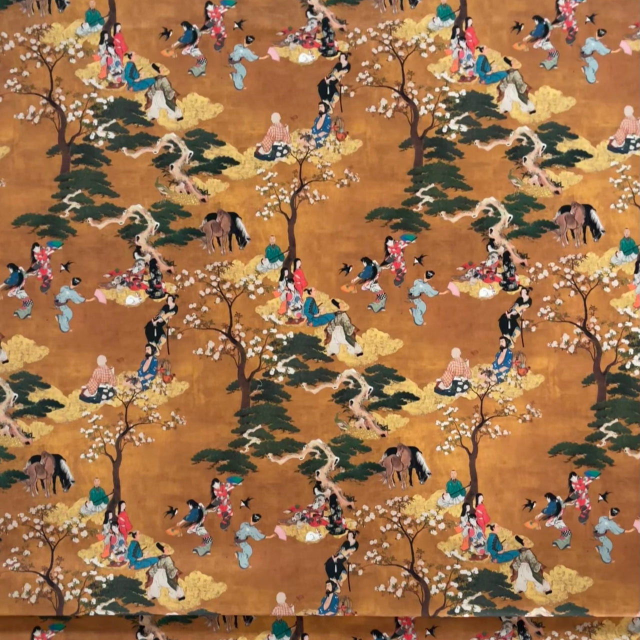 Cherry Blossom Geisha and Samurai Fabric - Japanese  Golden Yellow Cotton for Oriental Home Decor