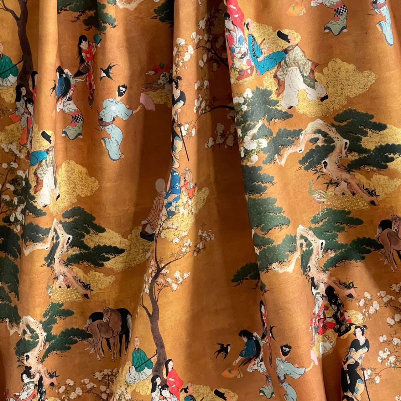 Cherry Blossom Geisha and Samurai Fabric - Japanese  Golden Yellow Cotton for Oriental Home Decor