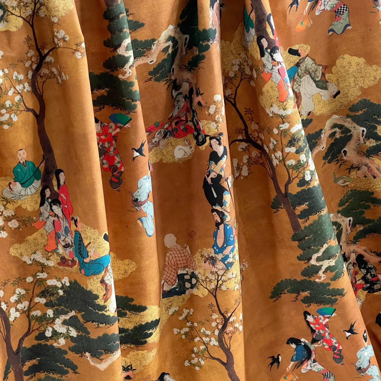 Cherry Blossom Geisha and Samurai Fabric - Japanese  Golden Yellow Cotton for Oriental Home Decor