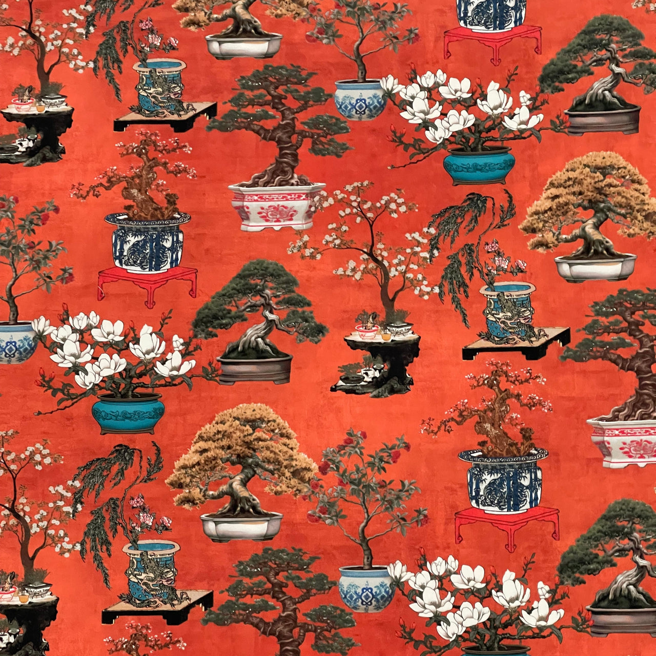 Bright Oriental Fabric - Japanese Botanical Cotton with Bonsai Trees and Asian Flower Pots